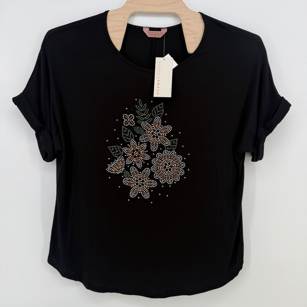 Amana Womens Black Floral Studded Short Sleeve Top 1X NWT
